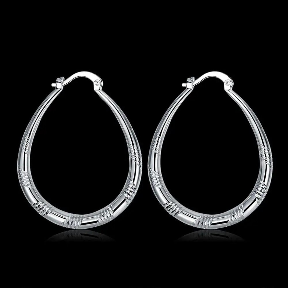 Gorgeous .925 Sterling Silver Waterdrop Hoop Earrings With Pattern - Picture 9 of 11